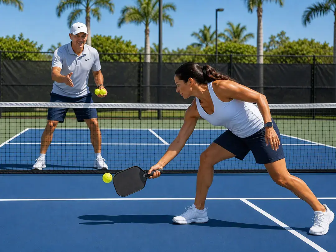 Young adult holding a pickleball paddle preparing to hit a ball on an outdoor court