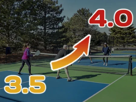 Pickleball player in action, showcasing advanced skills and strategic play to move from a 3.5 to a 4.0 level.