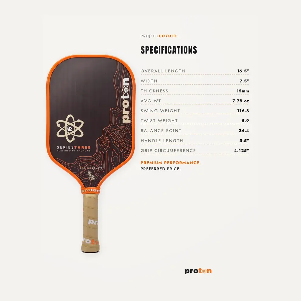 Proton Project Coyote pickleball paddle with detailed specifications including length, width, thickness, weight, and grip siz