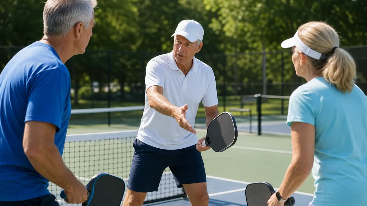 Three senior adults playing pickleball on an outdoor court during the day in Brooksville, Florida