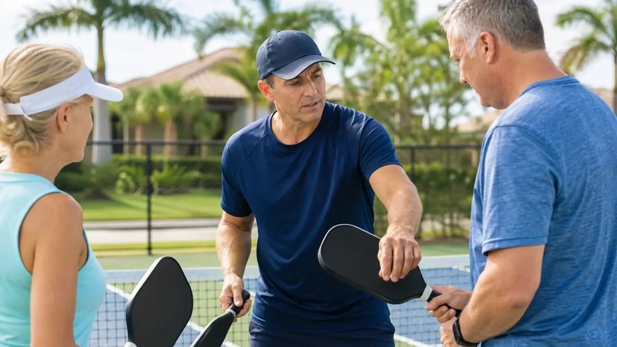 Pickleball coach instructing two players with paddles on outdoor court in a sunny Lutz neighborhood